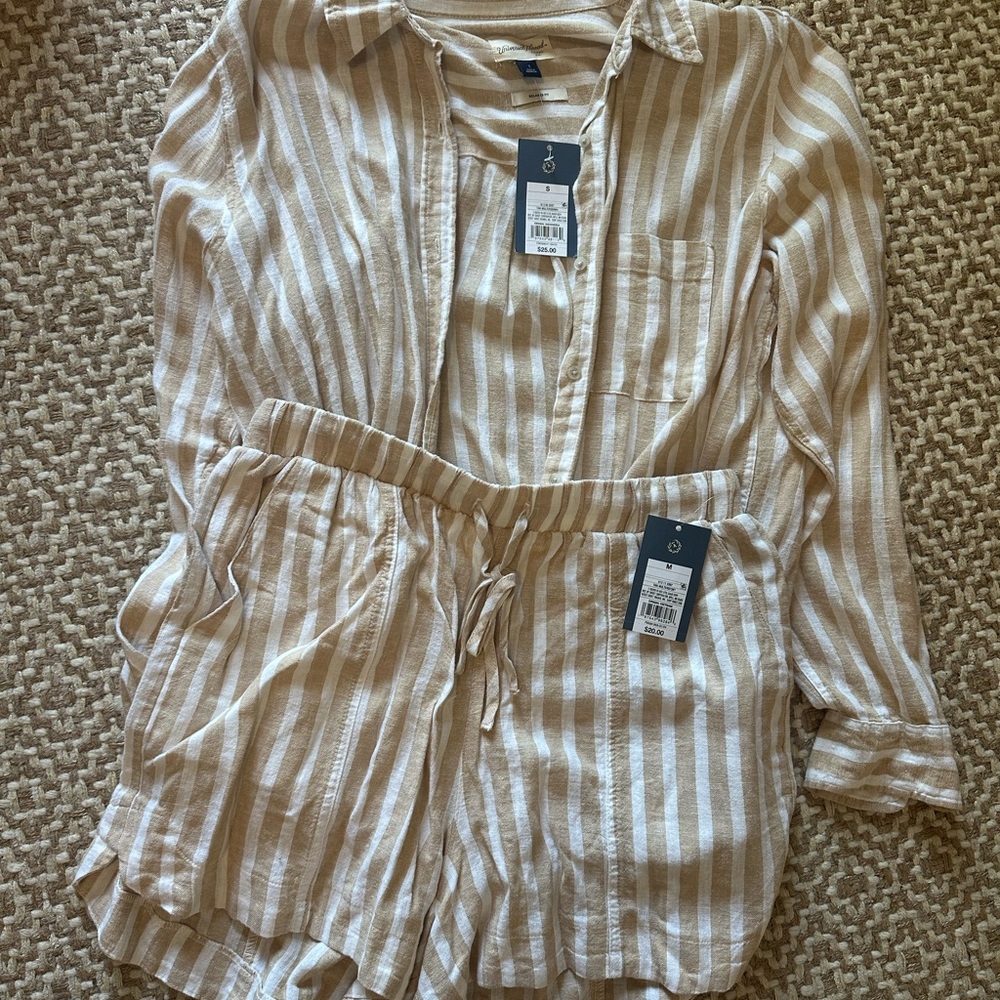 Universal Thread Beige and White linen blend Striped Swim Cover-Up Set